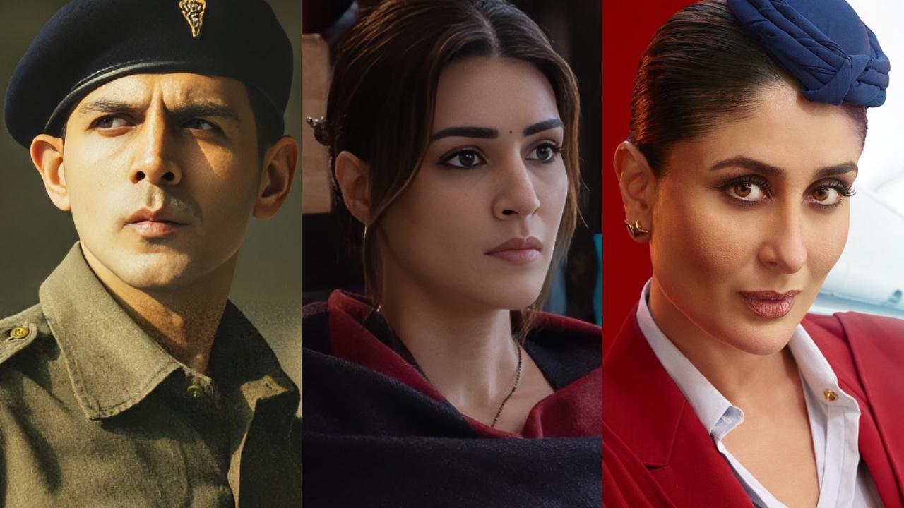 Image by Left to Right: Kartik Aaryan in Chandu Champion, Kriti Sanon in Do Patti and Kareena Kapoor Khan in Crew.
