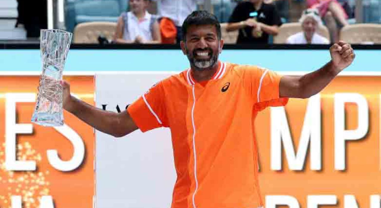 MIAMI GARDENS, FLORIDA - MARCH 30:  Rohan Bopanna of India celebrates after he and Matthew Ebden of Australia defeated Austin Krajicek of the United States and Ivan Dodig of Croatia during the Men's Doubles Final at Hard Rock Stadium on March 30, 2024 in Miami Gardens, Florida. (Photo by Elsa/Getty Images)