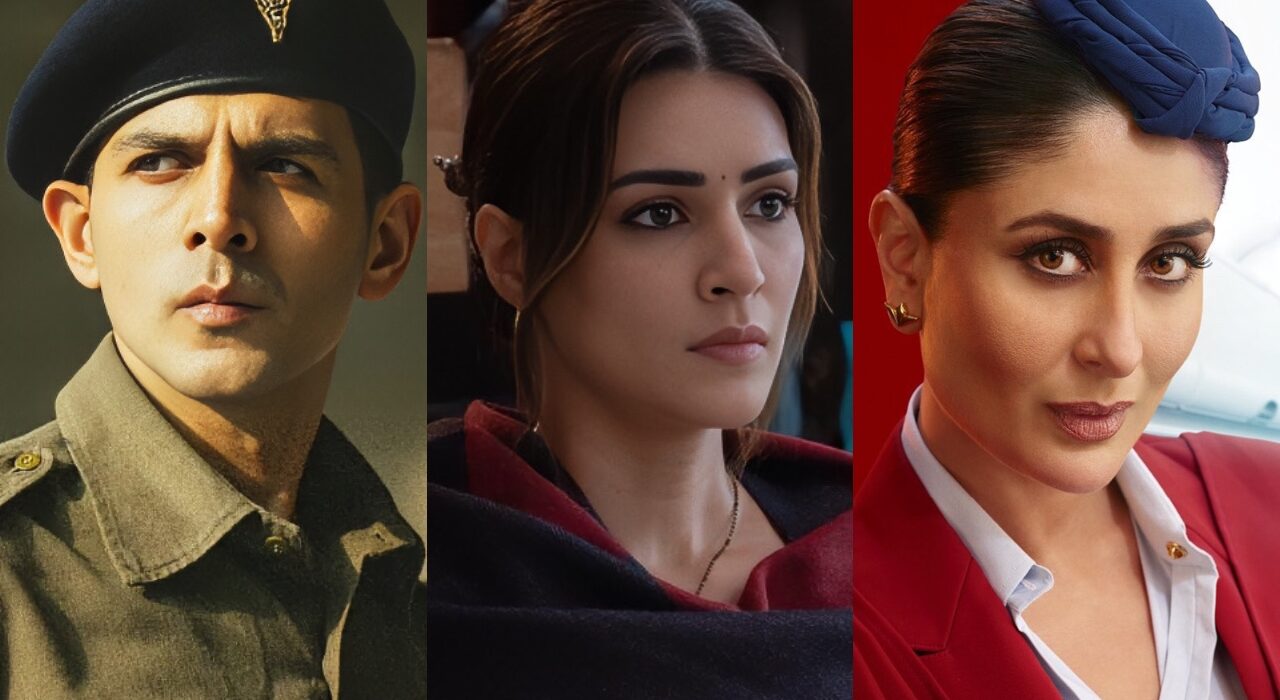 Image by Left to Right: Kartik Aaryan in Chandu Champion, Kriti Sanon in Do Patti and Kareena Kapoor Khan in Crew.