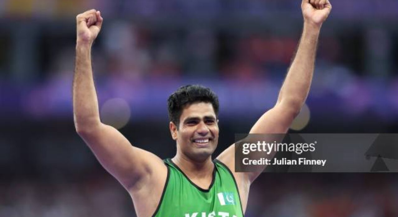 PARIS, FRANCE - AUGUST 08: Arshad Nadeem of Team Pakistan reacts while competing in theduring the Men's Javelin Throw Final on day thirteen of the Olympic Games Paris 2024 at Stade de France on August 08, 2024 in Paris, France. (Photo by Julian Finney/Getty Images)